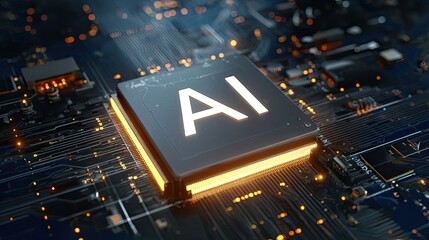AI Chip: An illuminated close-up of a cutting-edge AI chip, the core of modern technology, nestled within a sophisticated circuit board. A visual representation of the digital revolution's core.