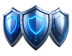 An - Collection of Three Modern Tech-Style Shields with Futuristic Glow, Angled Perspective, Isolated on Transparent Background