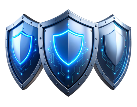 An - Collection of Three Modern Tech-Style Shields with Futuristic Glow, Angled Perspective, Isolated on Transparent Background