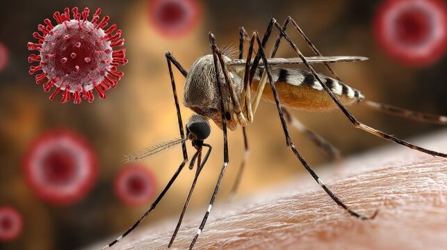 Mosquito and Virus Close-Up: A detailed macro shot of a mosquito with a virus, against a backdrop of the ominous virus particles, illustrating the insect's role in transmission of diseases. 