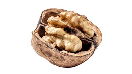 Fototapeta premium Open walnut with kernel, revealing the edible nut inside the shell on transparent background