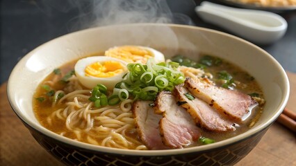 Delicious bowl of ramen noodles with pork and egg