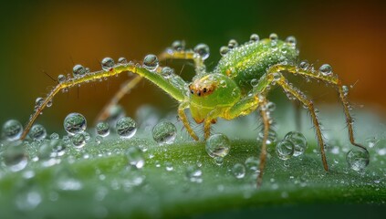 Close-up of a vibrant green jumping spider on a dewy leaf
