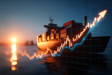 Container Ship Navigates Ocean at Sunset with Upward Trend Stock Market Graph Overlay