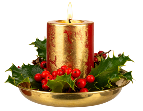 Classic Red Christmas Candle with Golden Holder and Holly Leaves, Front View, Isolated on Transparent Background