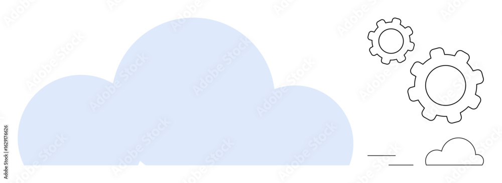 Poster large blue cloud with three stylized gears highlighting system processes and smaller cloud. ideal fo