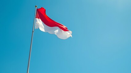The national flag of Indonesia, with its red and white colors, waving proudly on a flagpole against a clear, bright blue sky