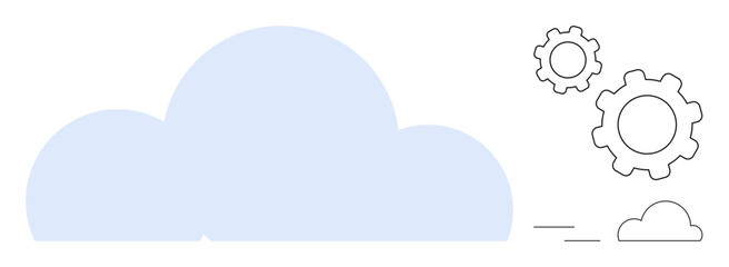 Large blue cloud with three stylized gears highlighting system processes and smaller cloud. Ideal for technology, innovation, cloud computing, system operation, data management, automation, simple
