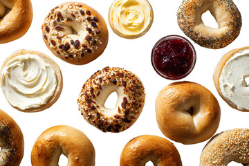 Flat-Lay of Assorted Bagels with Toppings and Spreads, Minimalist Composition, Isolated on Transparent Background.