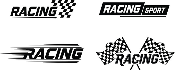 Dynamic racing emblems capture speed and victory with checkered flags.