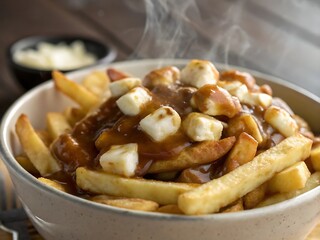 Delicious poutine with fries cheese curds and gravy