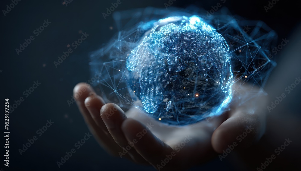 Poster cradling a luminous digital earth with glowing plexus network connections