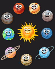 Cartoon solar system planets in flat style. planets on dark space vector illustration, Planets vector image , cute happy planets cartoon characters vector illustration.