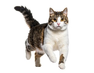 Obraz premium A tabby cat with white paws and chest is captured mid-stride against a stark white background