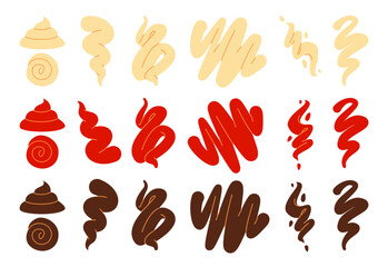 sauce or condiment swirls and spirals in various collection abstract shapes and textures on a white background in beige red and brown colors