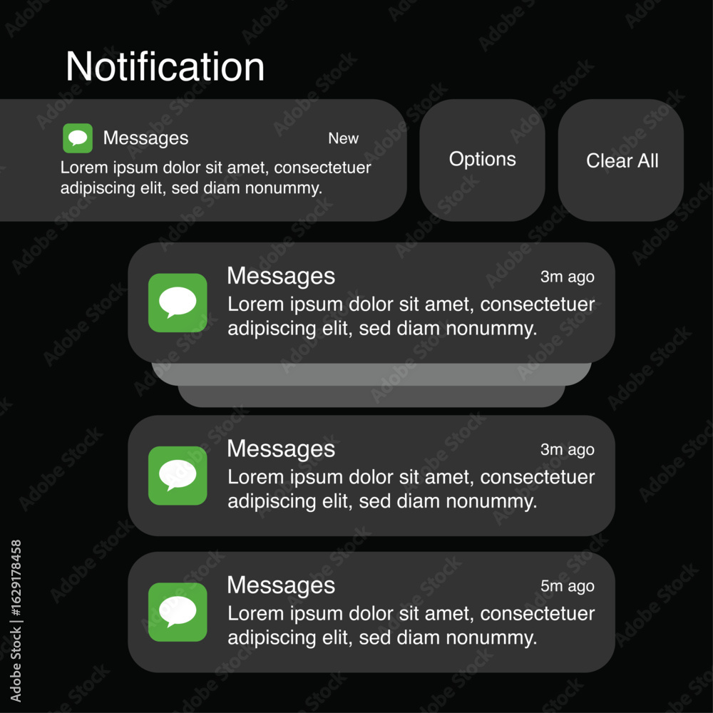 Poster smartphone notification ui design – vector template of messaging alerts on dark mode phone interface