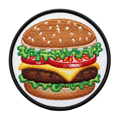 Detailed embroidered patch of a delicious hamburger, featuring a bun, patty, cheese, lettuce, and tomato, perfect for clothing or accessories.
