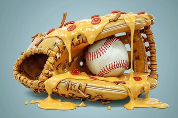 A baseball glove with a baseball covered in cheese dripping and covered with pepperoni on blue background