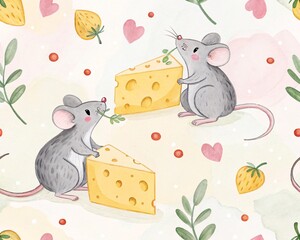 Charming Watercolor Seamless Pattern Featuring Cute Mice Enjoying Cheese and Berries with Delicate Floral Accents