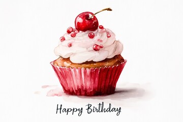 A birthday card design with a text "Happy Birthday" and a watercolor cupcake with cream and a red cherry on the top