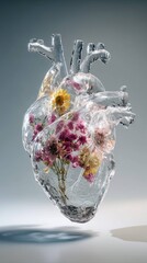 A 3d human heart made of transparent ice with pink and yellow delicate spring flowers inside on grey background