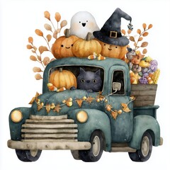 Halloween truck in vintage style with playful elements smiling pumpkins, a cute ghost in white sheet, a fluffy black cat peeking out, a witch hat on the pumpkin, many candies and orange autumn leaves