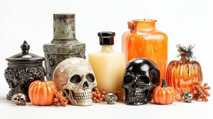 Halloween still life with glass skulls, pumpkins, burning  candles and a vase isolated on white