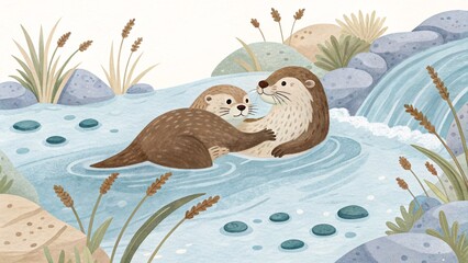 Two Adorable Otters Cuddling and Playing Together in a Gentle River Flowing Through a Picturesque Natural Landscape Scene