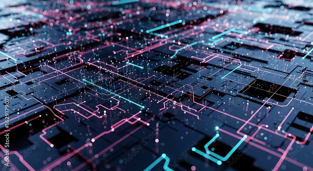 Aufkleber an intricate and glowing digital circuit board with illuminated lines of blue and red, representing 