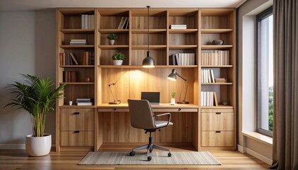 A modern home office concept with a custom built-in wooden bookcase and an integrated desk for a productive remote work lifestyle.