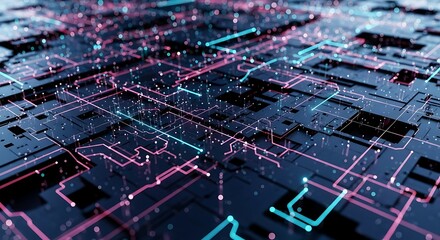An intricate and glowing digital circuit board with illuminated lines of blue and red, representing technology and data flow
