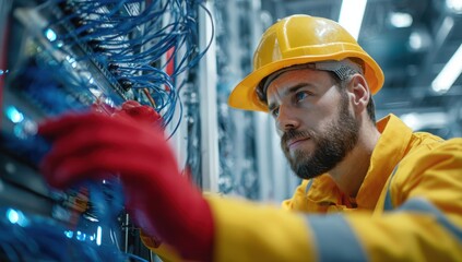 Data Center Technician Inspecting Server Racks, Blue Cables, Yellow Safety Gear.