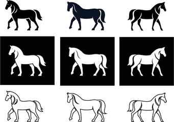 Horse vector icon set in flat, outline, and silhouette styles on a black background. Perfect for ranch logos, pet apps, farm themes, and animal branding.

