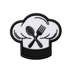 A black and white embroidered chef hat features a crossed spoon and fork, ideal for culinary branding or restaurant decor.