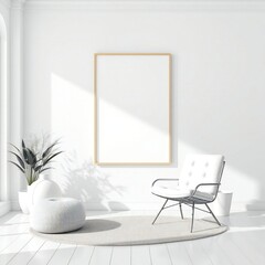 Minimalist living room with empty frame and modern chair