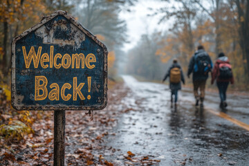 "Welcome back" sign on wet road.