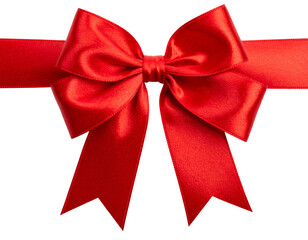 Classic Red Satin Holiday Ribbon with Bow, Front View, Smooth and Shiny Texture, Isolated on Transparent Background