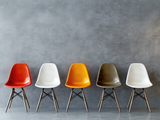A row of white, orange, and yellow chairs against a grey wall.