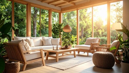 Fototapeta premium Tranquil sunroom with elegant wooden furniture and panoramic windows overlooking a lush, sun-drenched garden