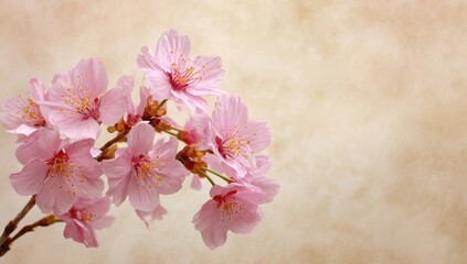 Delicate Pink Cherry Blossoms Branch Against Soft Textured Beige Background