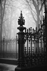 Fototapeta premium Dark, ornate wrought iron fence in a misty park (1)