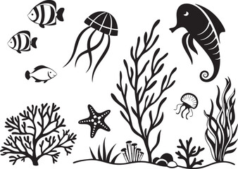 Underwater Landscape Icons on White Background  Premium Vector Set