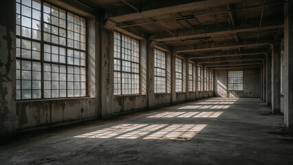 Vast Empty Industrial Space with Many Windows and Sunlight Patterns abandoned interior