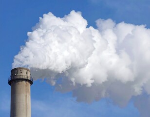 A tall industrial smokestack emits a large plume of white smoke against a clear blue sky
