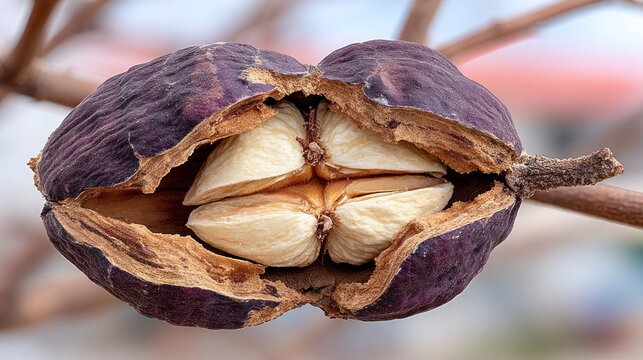 Close-up of a split seed pod, showing interior seeds