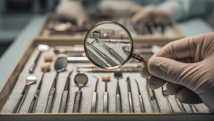 Fototapeta premium Dentist's Hand in Glove Examines Dental Tools Through Magnifying Glass