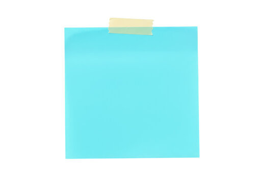 Single blue sticky note with tape attached, isolated on transparent background for messages