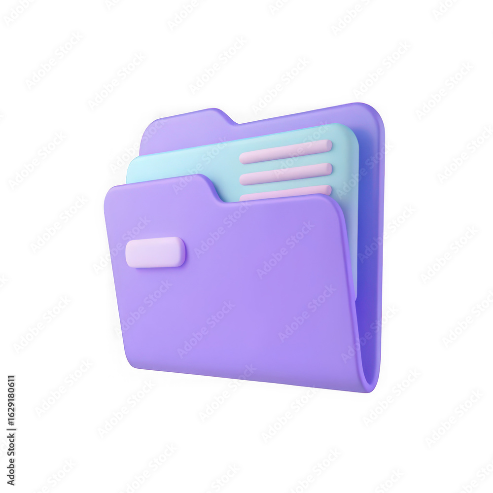 Poster modern 3d illustration of an open purple folder with documents and paper sheets isolated on transpar