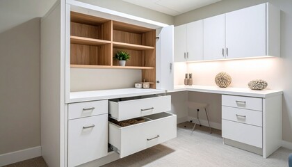 Sleek and functional home office interior with custom white built-in cabinetry, an L-shaped desk, and open shelving for storage.