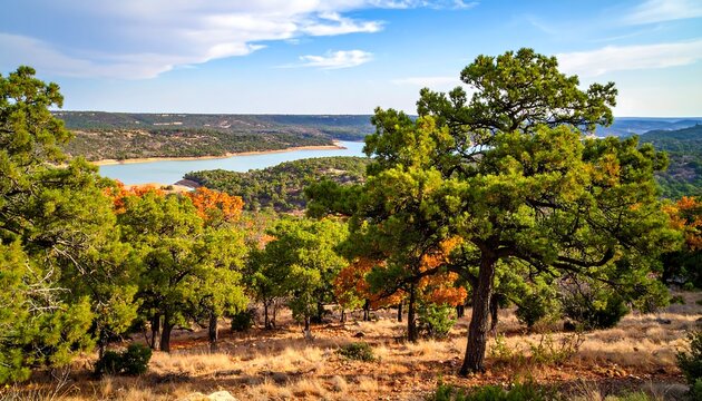 Hilltop Autumn Vista Over Serpentine Lake and Texas Hill Country